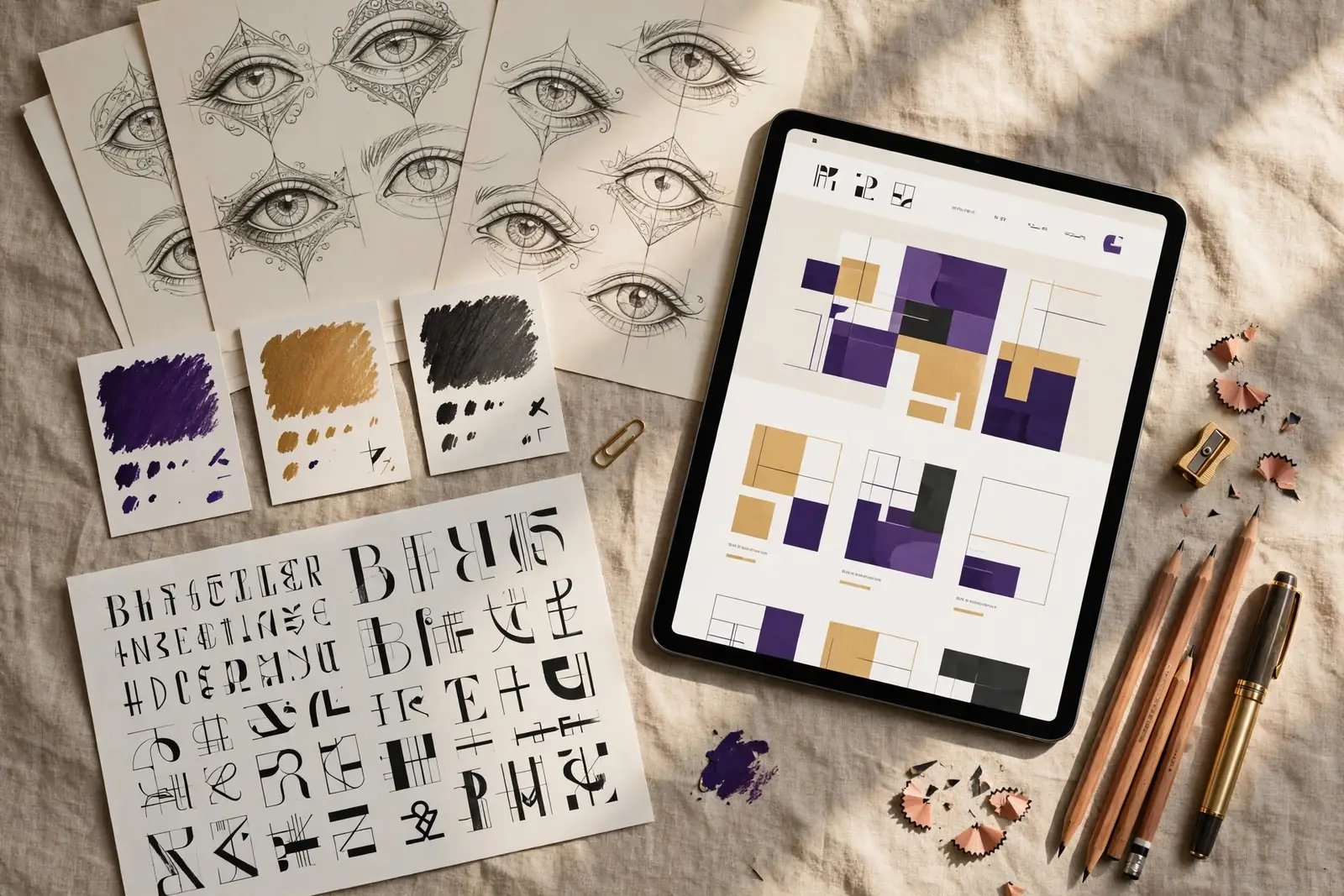 The Eyekus brand wall — deep purple field, gold E mark and the words Eyekus, Vision, Structure, Patient Capital
