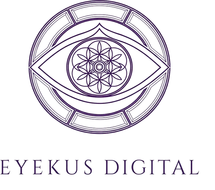 Eyekus Digital logo — a single open eye drawn as one continuous woven line, deep purple with a gold pupil