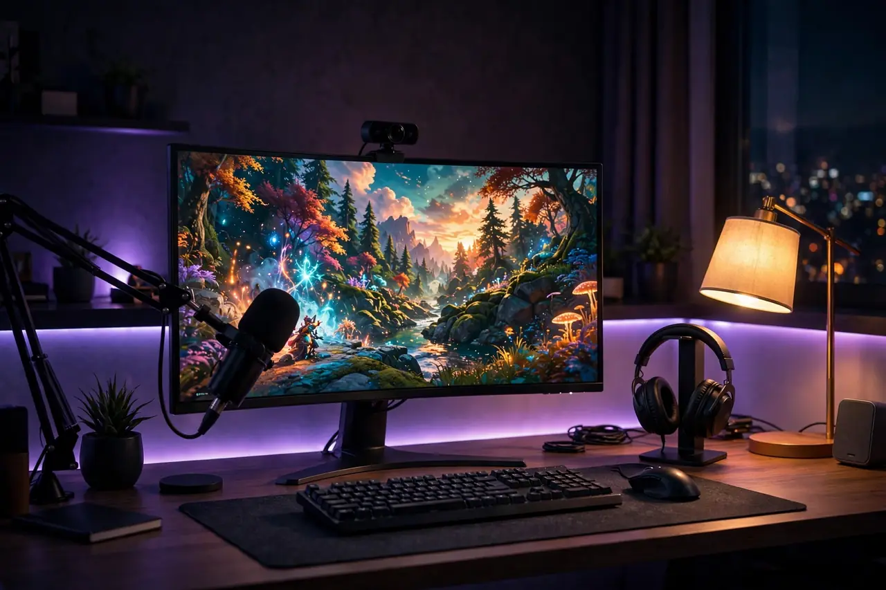 The Eyekus gaming corner — dual monitors running a racing game, racing wheel mounted, purple-lit shelves with collectibles